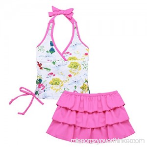 MSemis Girls' 2-Pieces Florence Tankini Swimsuit Halter Top with Ruffle Tutu Skirt Set Hot Pink B07FDNX1JR